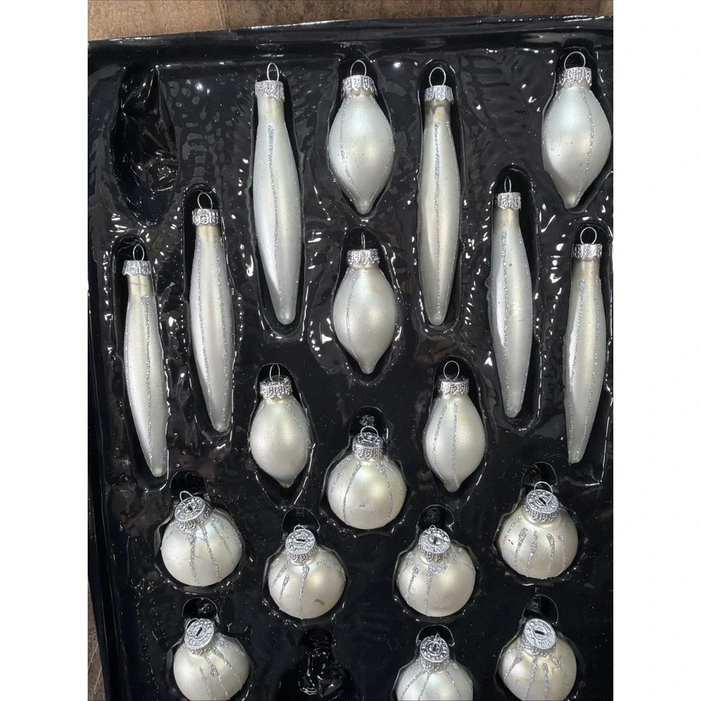 Yule Glass Christmas Ornaments White Silver Glitter In Box Set of 19 Assorted